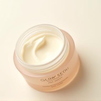 Open jar of organic face cream.
